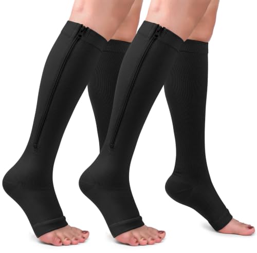 CTHH Zipper Compression Socks for Women and Men Toeless Knee High Stocking - color: Black, size: XX-Large