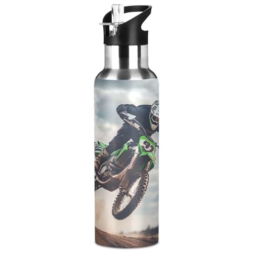 OTVEE Motocross Rider Water Bottle Sports Water Bottle Insulated Stainless Steel Hot Cold Water Mug with Straw Lid & Handle for Sports Gym 20 oz - color: Motocross Rider