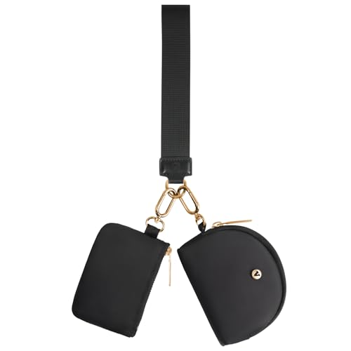 VUTUXA KeyChain Wallet Wristlet For Women Mini Zip Dual Pouch Coin Purse - color: black+gold