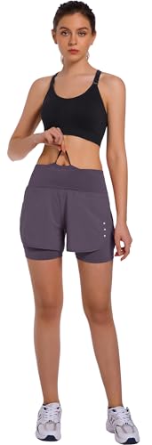 Ksmien Women's 2 in 1 Running Shorts with Liner Phone Pockets - color: Grey Purple, size: X-Small