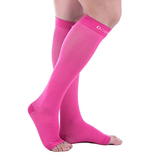Doc Miller Open Toe Compression Socks, 20-30 mmHg, Knee High, Men & Women - color: Pink, size: Small
