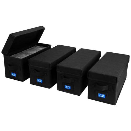 CD Case Holder with Handles and Lid – CD Storage Box with External Label Slots, Easy-to-Move Organizer Case for Efficient Media Storage,4Pack-Black - size: CD-4PACK