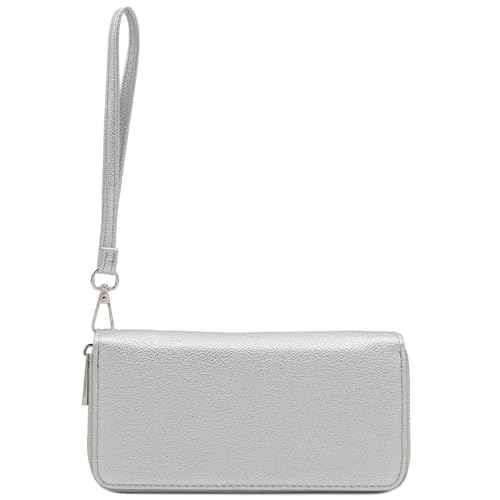 FashionPuzzle Double Zip Around PU Leather Wristlet Cell Phone Wallet - color: Silver