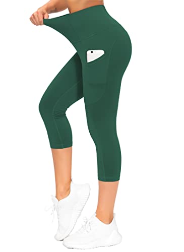 THE GYM PEOPLE Women's Thick High Waist Capris Yoga Pants Workout Leggings - color: Dark Green, size: Small