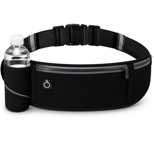 Slim No-Bounce Running Belt - Waterproof Exercise Waist Pack for Marathons, Hiking & Dog Walking - Hidden Travel Money Belt for Phones - color: Black(Bottle Holde)