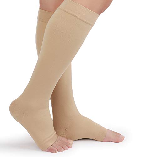 TOFLY Compression Socks For Women & Men Open Toe Knee High 20-30mmHg - color: 20-30mmhg Open-toe Beige, size: Small