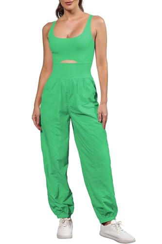 ReachMe Womens Running Onesie Athletic Romper Pants Hiking Outfits One Piece Workout Jumpsuits with Pockets - color: Lime Green, size: X-Small