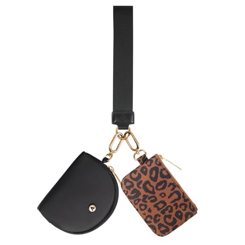 VUTUXA KeyChain Wallet Wristlet For Women Mini Zip Dual Pouch Coin Purse - color: black+leopard