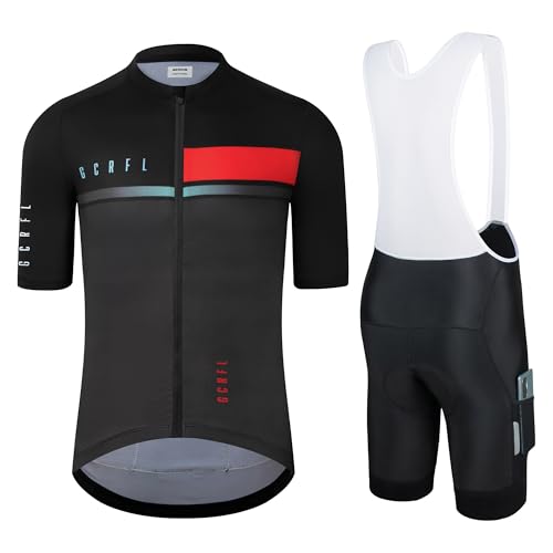 Men's Cycling Jersey Set Cycling Kit Bicycle Jersey Rear Zipper Pocket Bike Bib Shorts with Pockets Race Fit High Density Pad - color: Black/Red Set, size: X-Large