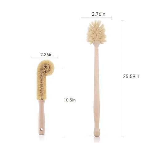 2-Piece Wooden Bottle Brush Set - Includes Tapered Cup Brush & L-Shape Coconut Scrubber - Beech Wood Cleaning Kit for Water Bottles, Glassware & Vases - size: 2 Piece Set - Tapered + L-Shape