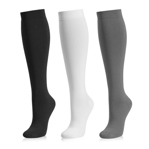 Compression Socks for Women and Men, 20-30 mmHg, Knee High, 3 Pairs - color: 03 Black/White/Gray, size: Large-X-Large