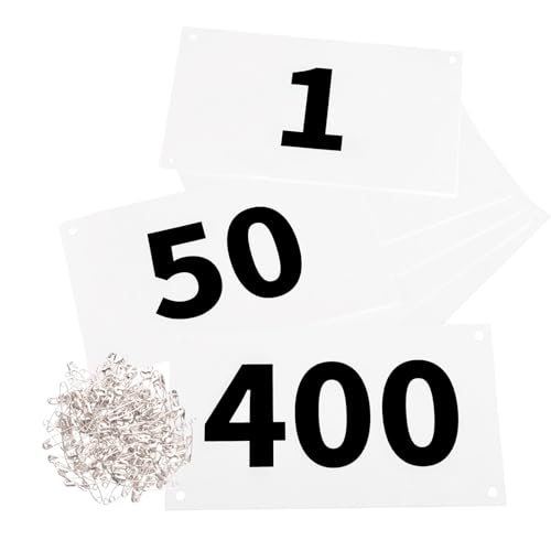 Azarxis Running Bib Competitor Numbers with Safety Pins, Tyvek Tearproof Waterproof 4"x7" / 6"x7.5" for Marathon Races Events - color: #01 [4"x7"] Numbers 001-400