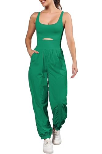 ReachMe Womens Running Onesie Athletic Romper Pants Hiking Outfits One Piece Workout Jumpsuits with Pockets - color: Green, size: Medium