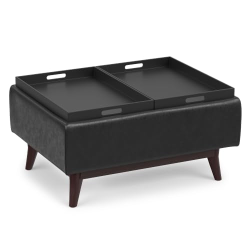 SIMPLIHOME Owen 34" Wide Vegan Leather Rectangle Tray Top Ottoman in Black - color: Distressed Black