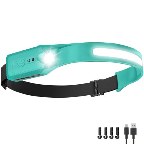 Nessciera Rechargeable LED Headlamp (Blue), 400 Lumens, 230° Wide Beam, USB-C, IPX4, 5 Modes — Lightweight, Adjustable Headband; Hard Hat Clips for Camping, Hiking, Running & Repairs, Gift - color: Blue