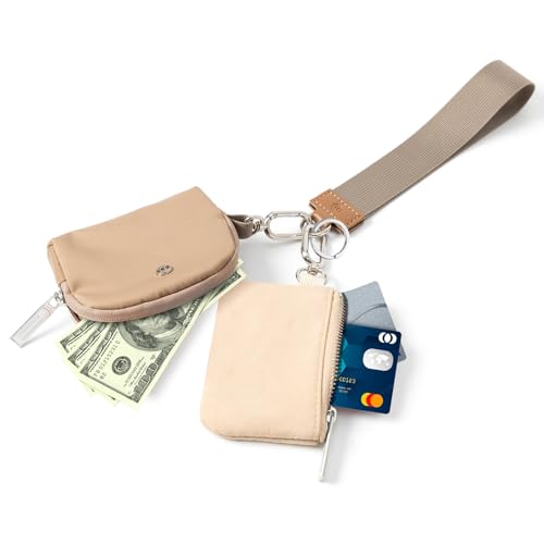 Keychain Wallet Mini Zip Around Wristlet Wallets for Women Detachable Dual Pouch Wristlet Portable Coin Purse Small Wallets - color: Khaki+Brown