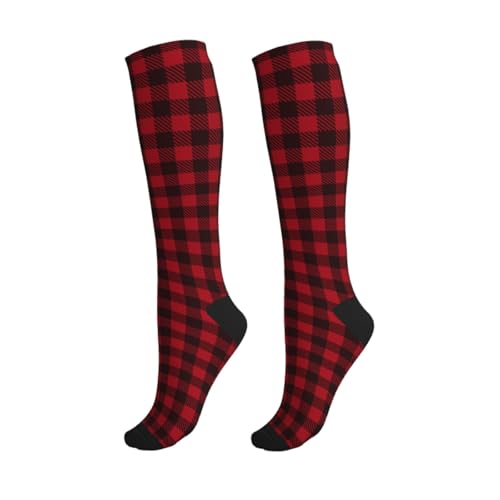Compression Socks Knee High Support Stockings Women Men - color: Red Black Plaid