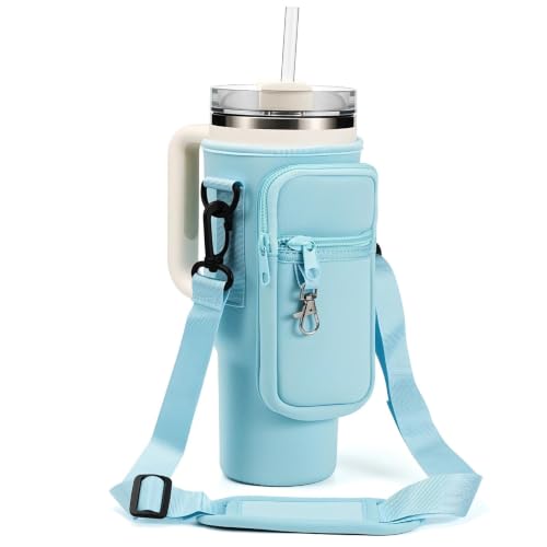 Water Bottle Carrier Bag Holder with Phone Pocket Adjustable Strap for Stanley 30 40oz, Insulated Neoprene Cover Sleeve Sling Crossbody Bag for Walking Camping Hiking Travelling - color: Lake Blue-1