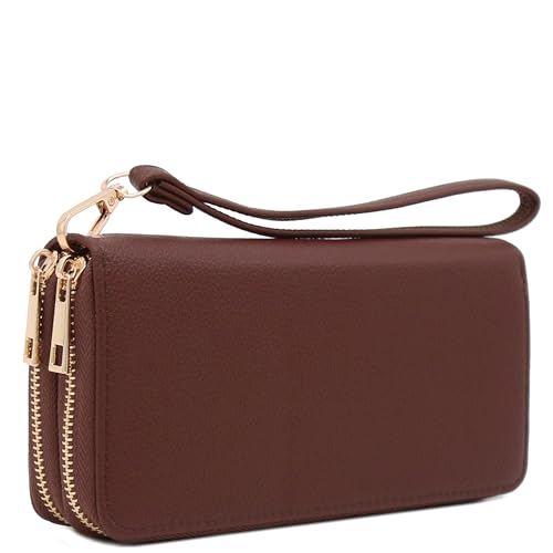 FashionPuzzle Double Zip Around PU Leather Wristlet Cell Phone Wallet - color: Coffee