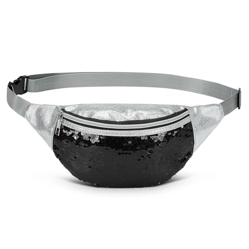 Holographic Sequined Fanny Packs for Women, Waist Belt Bag Fashion, Crossbody Bum Bag for Running, Black - color: Black