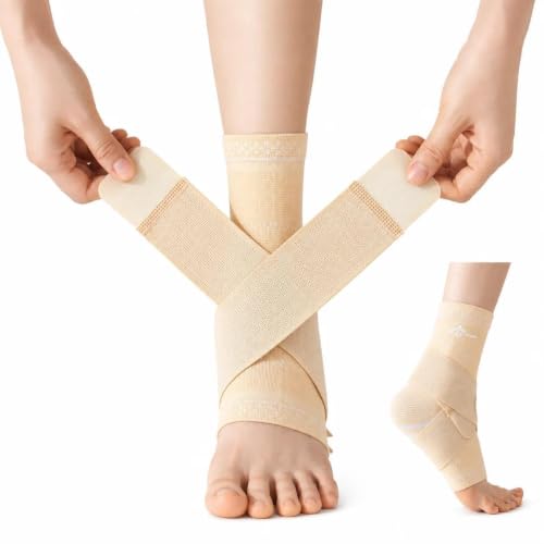 ABIRAM Ankle Brace Compression Sleeve with Adjustable Support Strap - color: Light Beige, size: Small