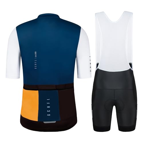 Men's Cycling Jersey Set Cycling Kit Bicycle Jersey Rear Zipper Pocket Bike Bib Shorts with Pockets Race Fit High Density Pad - color: Brown/Blue Set, size: X-Large
