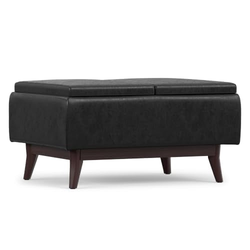 SIMPLIHOME Owen 34" Wide Vegan Leather Rectangle Tray Top Ottoman in Black - color: Distressed Black