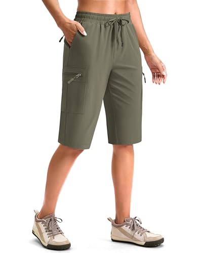 Viodia 13'' Women's Hiking Cargo Shorts Knee Length with Zipper Pockets - color: Grey Green, size: X-Large