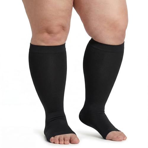MGANG Plus Size Medical Compression Stockings for Women & Men, Open Toe - color: Knee High Open Toe Black, size: 6X-Large