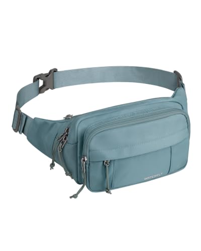WATERFLY Fanny Pack Waist Bag: 2.5L Large 5 Zipper Pockets for Women Men - color: Mist Blue