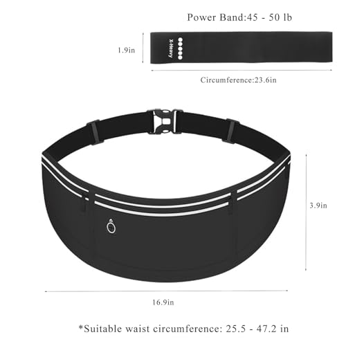 Running Belt with Resistance Band Bundle - Slim Water-Resistant Waist Pack for Women & Men, No-Bounce Adjustable Phone Holder Fits iPhone 15 Pro Max, Glute Activation Loop for Yoga & Fitness - color: Black