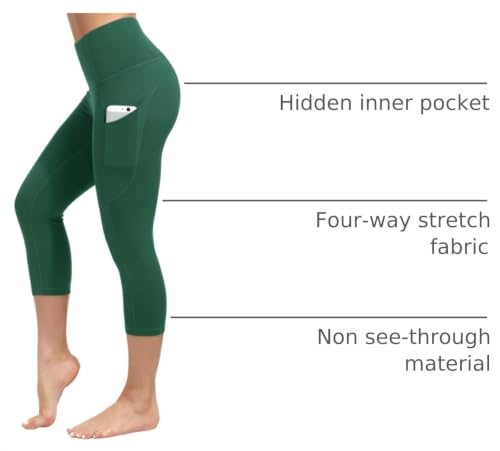 Dragon Fit Women's High Waisted Yoga Leggings 3 Pockets Workout Pants - color: Capri-dark Green, size: Large