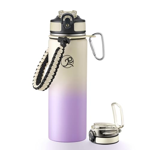 GOSWAG 24oz Insulated Stainless Steel Travel Water Bottle, 2 Lids - color: Beige-Purple Ombré