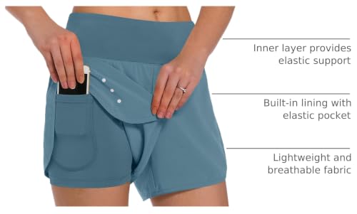 Ksmien Women's 2 in 1 Running Shorts with Liner Phone Pockets - color: Denim Blue, size: Large