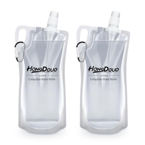 2 Pack Collapsible Water Bottles, 1L Hiking Water Flasks (2L Total) - 33oz BPA-Free Reusable Drink Bags With Carabiners and Handles, Squeeze Water through a Filter or Use as Water Bottles