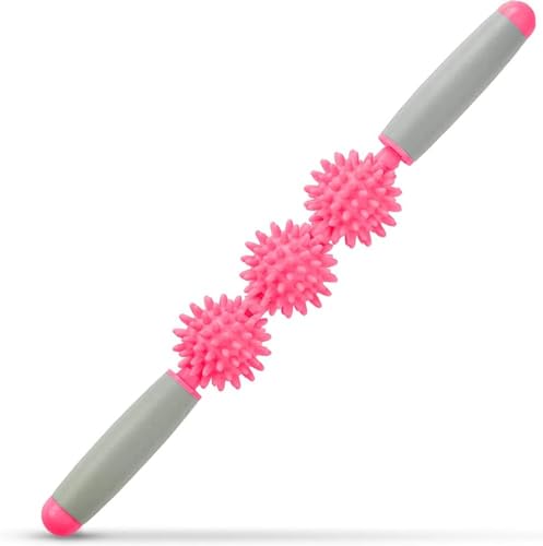 Fascia Muscle Roller, Cellulite Massager Fascia Roller for Cellulite and Sore Muscles, Neck, Leg, Back, Pressure Trigger Point Body Roller Deep Tissue Massage Stick Tools - 3 Massage Balls - color: Rose Red