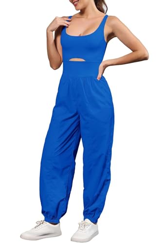 ReachMe Womens Running Onesie Athletic Romper Pants Hiking Outfits One Piece Workout Jumpsuits with Pockets - color: Royal, size: X-Small