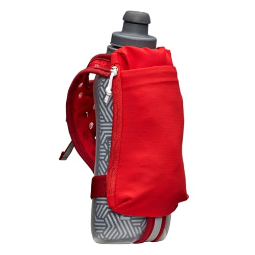 Nathan SpeedDraw 2 Insulated Handheld Running Water Bottle Flask 18oz – Double-Wall Insulation, Ergonomic Grip, Blast Valve Cap, Phone & Key Storage Pockets, Reflective Design - color: 18oz Insulated - Ribbon Red
