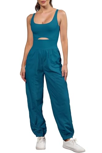 ReachMe Womens Running Onesie Athletic Romper Pants Hiking Outfits One Piece Workout Jumpsuits with Pockets - color: Teal Blue, size: Medium
