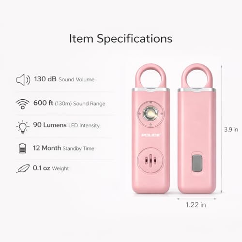Police Personal Safety Alarm 130dB Rechargeable Emergency Self Defense Keychain with LED Flashlight & SOS for Women, Men, Kids & Seniors, Pink