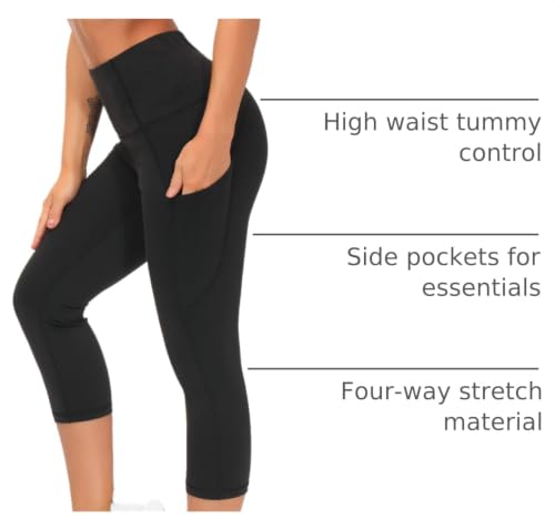 THE GYM PEOPLE Women's Thick High Waist Capris Yoga Pants Workout Leggings - color: Black, size: Large
