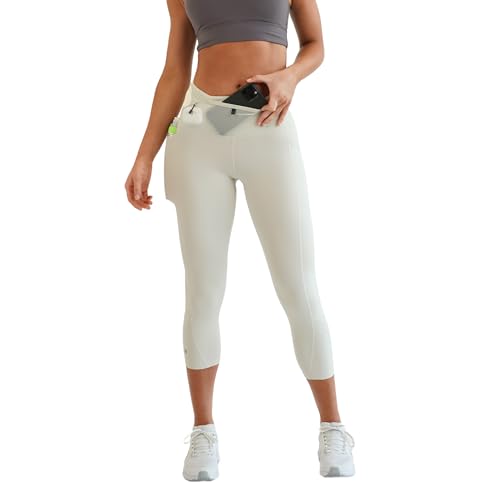 FlipBelt Women's Air Crop Legging Yoga Pants Breathable High-Waisted Workout Leggings with Running Belt Pockets Athletic - color: Bone, size: Medium