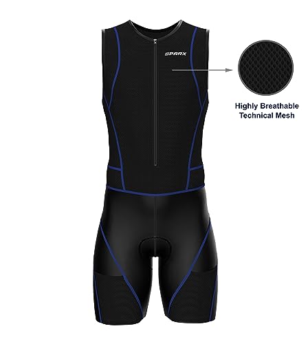 Sparx Men Competitor Triathlon Suit Mens Trisuits | Italian Technical Fabric | Soft Chamois | 4 Pockets | Bike-Swim-Run - color: Blue Seams, size: Small