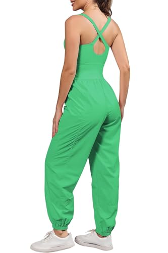 ReachMe Womens Running Onesie Athletic Romper Pants Hiking Outfits One Piece Workout Jumpsuits with Pockets - color: Lime Green, size: X-Small