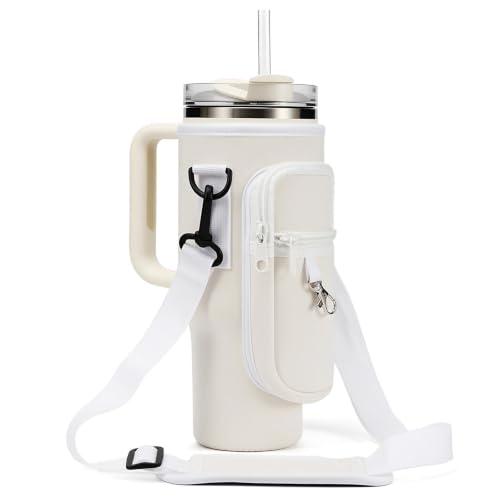 Water Bottle Carrier Bag Holder with Phone Pocket Adjustable Strap for Stanley 30 40oz, Insulated Neoprene Cover Sleeve Sling Crossbody Bag for Walking Camping Hiking Travelling - color: White-1