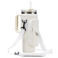 Water Bottle Carrier Bag Holder with Phone Pocket Adjustable Strap for Stanley 30 40oz, Insulated Neoprene Cover Sleeve Sling Crossbody Bag for Walking Camping Hiking Travelling - color: White-1
