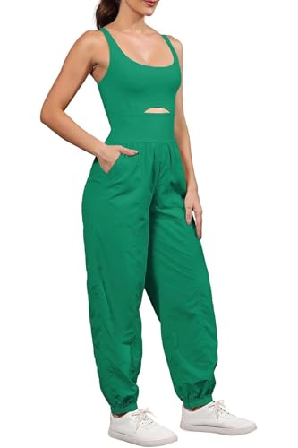 ReachMe Womens Running Onesie Athletic Romper Pants Hiking Outfits One Piece Workout Jumpsuits with Pockets - color: Green, size: Medium