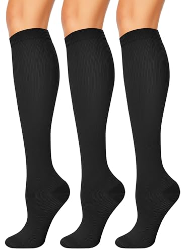 3 Pairs Compression Socks for Women & Men 15-20 mmHg, Knee High - color: 01 Black/Black/Black, size: Small-Medium
