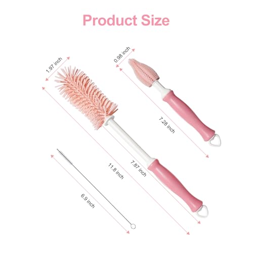 Bottle Brush Set 3-in-1, Including Long Handle Silicone Bottle Brush, Detail Cleaner, Straw Brush, Non Scratch Cleaning Brushes for Water Bottles, Tumblers and Glass (Pink) - color: Pink