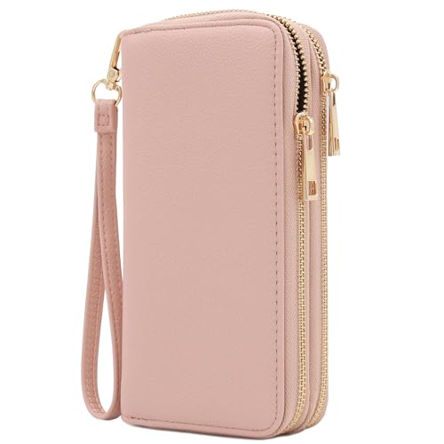 FashionPuzzle Double Zip Around PU Leather Wristlet Cell Phone Wallet - color: Blush